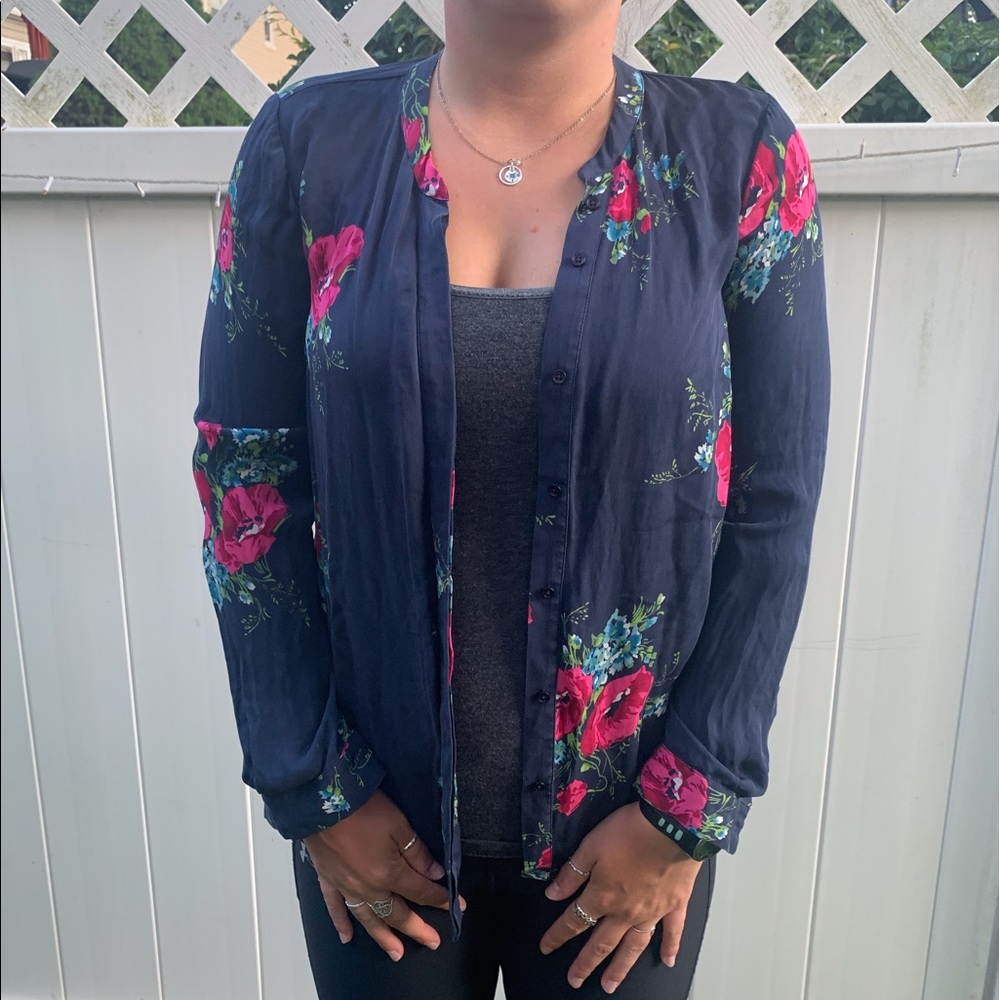 Navy button down with pink flowers